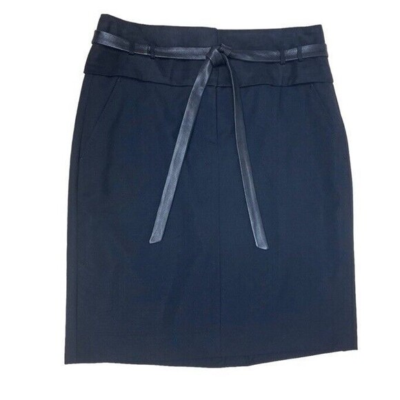 ELIE TAHARI Pencil Knee Skirt Black Wool Leather Tie-Waist Pockets Career 2 EUC - Picture 1 of 8